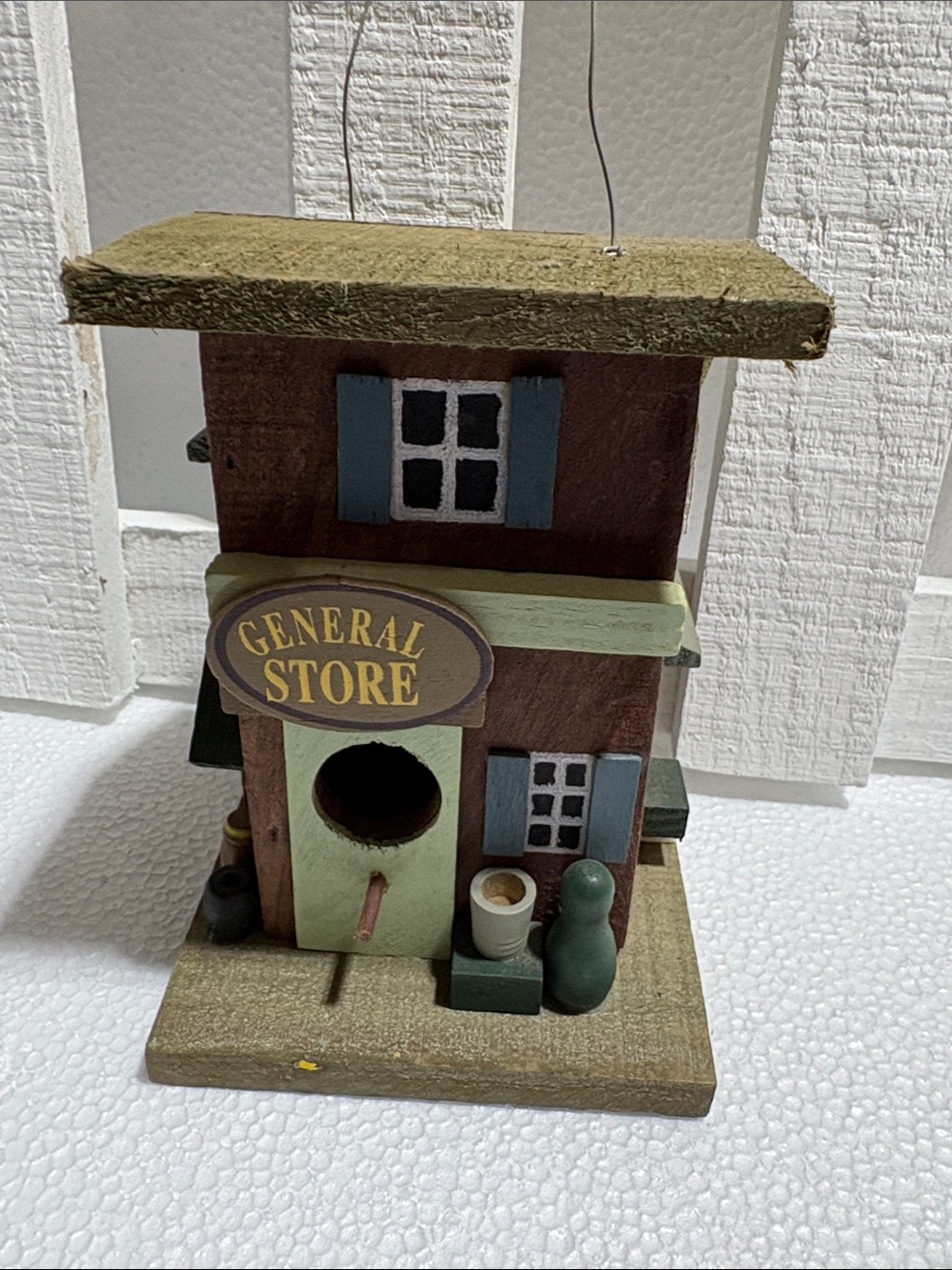 Miniature General Store Hanging Birdhouse - Brown & Olive Green